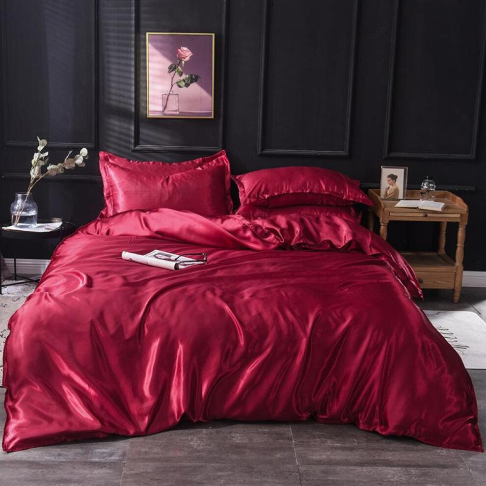(wine red, Full Size 4 pcs) Mulberry Silk Bedding Set With Duvet Cover Fitted/flat Bed Sheet Pillowcase Luxury Satin Bedsheet Solid Color King Queen Twin
