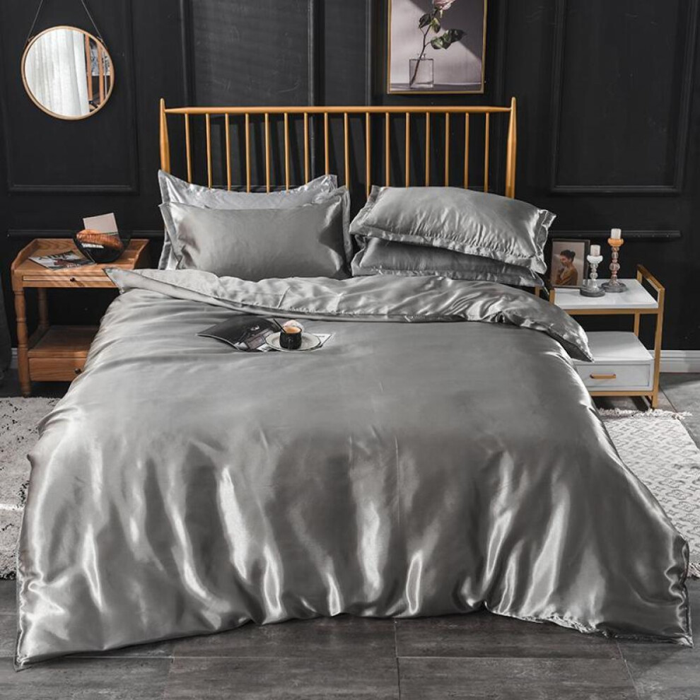 (grey, King Size 4 pcs) Mulberry Silk Bedding Set With Duvet Cover Fitted/flat Bed Sheet Pillowcase Luxury Satin Bedsheet Solid Color King Queen Twin