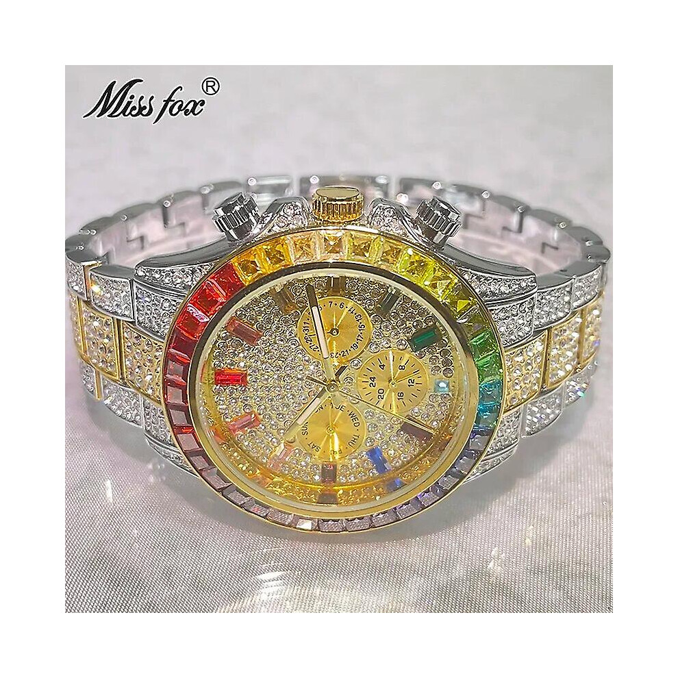 (V298R-GS) 2022 Luxury Brand Missfox Gold Hip Hop Watches Men Fashion Rainbow Diamond Waterproof Smart Watch Full Steel Sports Clocks Male-image-OPC-PFVMWP7-NEW