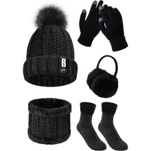 (Black) Women Winter Knitted Hat And Scarf Set Ski Outing Set Plush Ear Warmers Scarf Beanie Hat And Touch Screen Gloves Earmuffs Stockings Set For Outdoor Sp