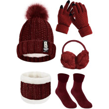 (Red wine) Women Winter Knitted Hat And Scarf Set Ski Outing Set Plush Ear Warmers Scarf Beanie Hat And Touch Screen Gloves Earmuffs Stockings Set For Outdoor Sp