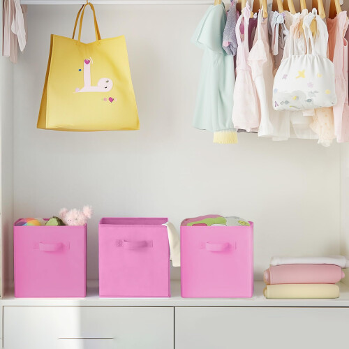 6X Pink Foldable Canvas Storage Collapsible Folding Box 27x27x28cm 1