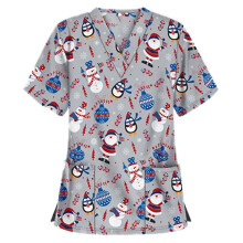 Christmas Women Nursing Uniform Scrub Short Sleeve T-shirt Xmas Blouse Tee Tops
