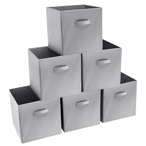 6X Grey Canvas Storage Collapsible Folding Box , 33x33x34cm