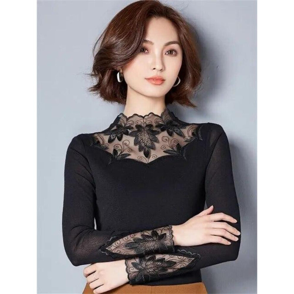 (black, L) Hollow Out Women Spring Autumn Style Lace Blouses Shirts Casual Long Sleeve Patchwork Spliced Turtleneck Blusas Tops