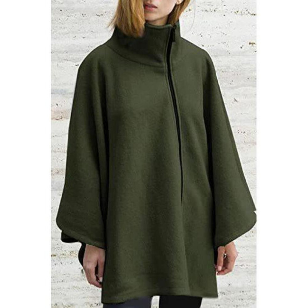 (army green, S) Women&apos;s Autumn And Winter Cape Zipper Faux Wool Shawl Cape Coat For Women
