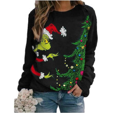 (Black, 2XL) Women The Grinch Printed Long Sleeve Sweatshirt Crew Neck Casual Loose Pullover Jumper Tops