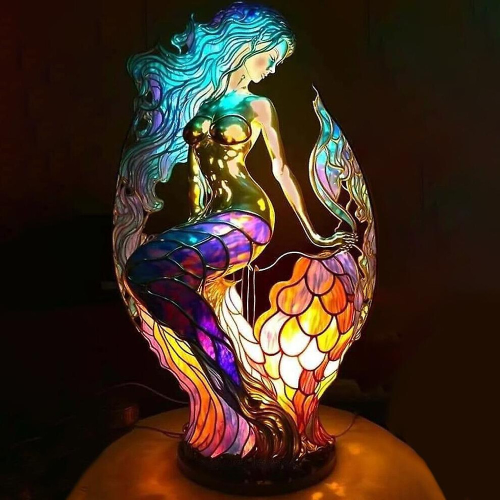 (Mermaid) 3D Animal Table Lamp Series Stained Glass Stained Night Retro Desk Lamps Light