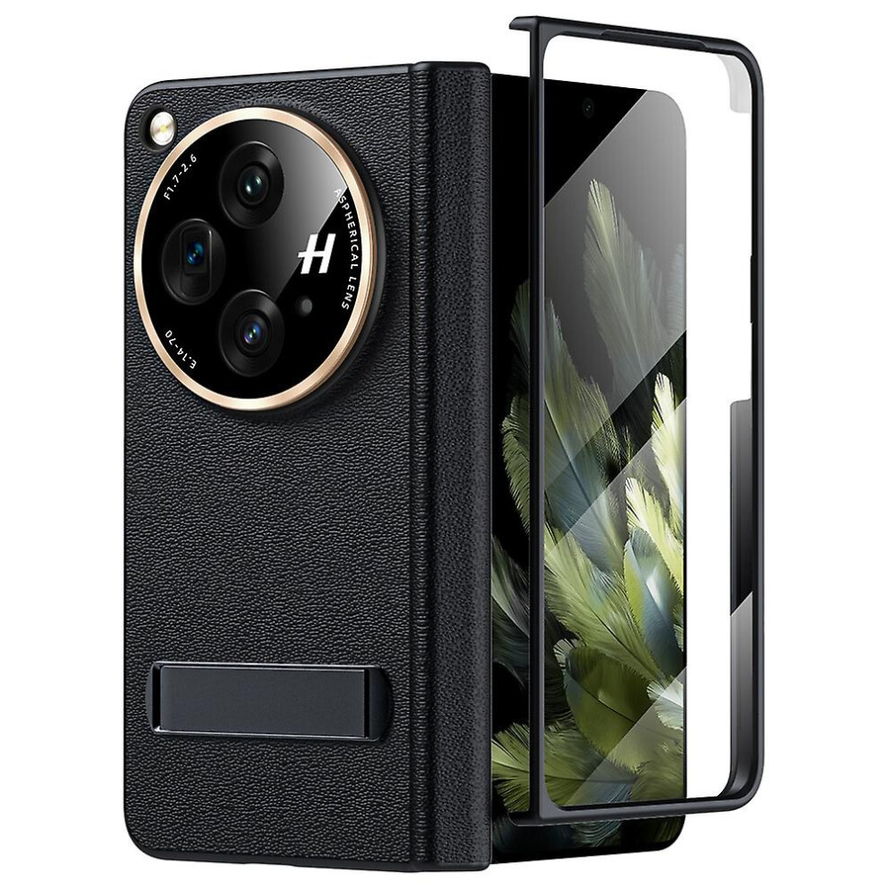 (Black) Genuine Leather Case For Oneplus Open, Built-in Screen Protector All-inclusive Protective Cover With Hinge Protection