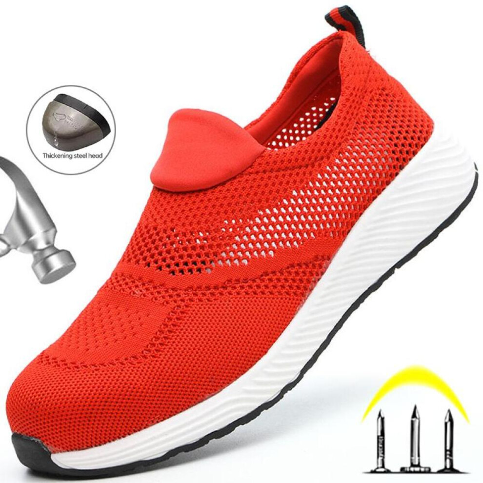(red, 43) Summer Breathable Work Safety Shoes Men Women Work Sneakers Light Steel Toe Indestructible Shoes Anti-Smashing Safety Work Boots