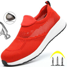 (red, 38) Summer Breathable Work Safety Shoes Men Women Work Sneakers Light Steel Toe Indestructible Shoes Anti-Smashing Safety Work Boots