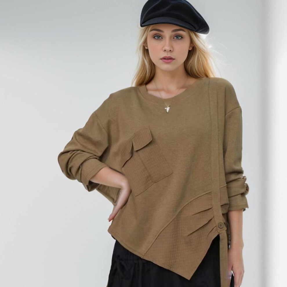 (tan, XL) Dimanaf 2024 Plus Size T-shirt Pullover Autumn Women Pattern Asymmetrical Solid Full Sleeve Knitting Loose