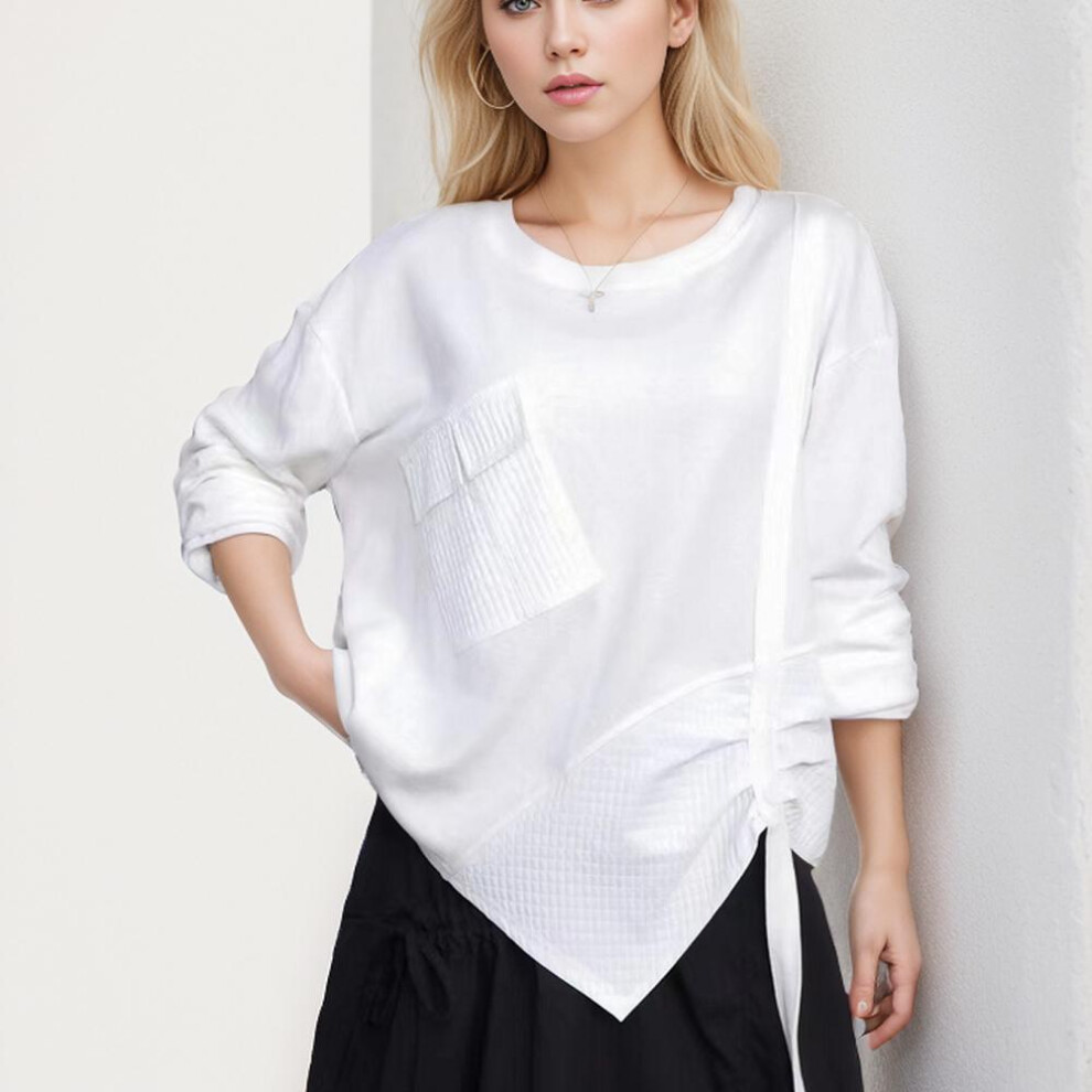 (white, L) Dimanaf 2024 Plus Size T-shirt Pullover Autumn Women Pattern Asymmetrical Solid Full Sleeve Knitting Loose