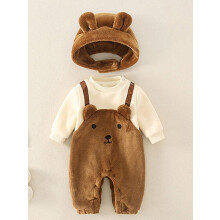 (9-12M, 2) Winter Warm Baby's Rompers Cartoon Bear Baby Boy Hooded Clothes Newborns Jumpsuit For Kids Boys Fleece Clothing 0-12month