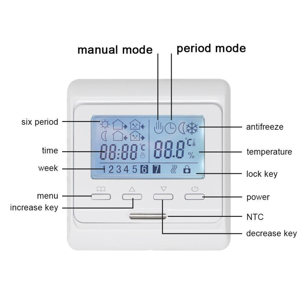LCD Programmable Digital Floor Heating Temperature Controller Room Air Thermostat 16A 230V AC