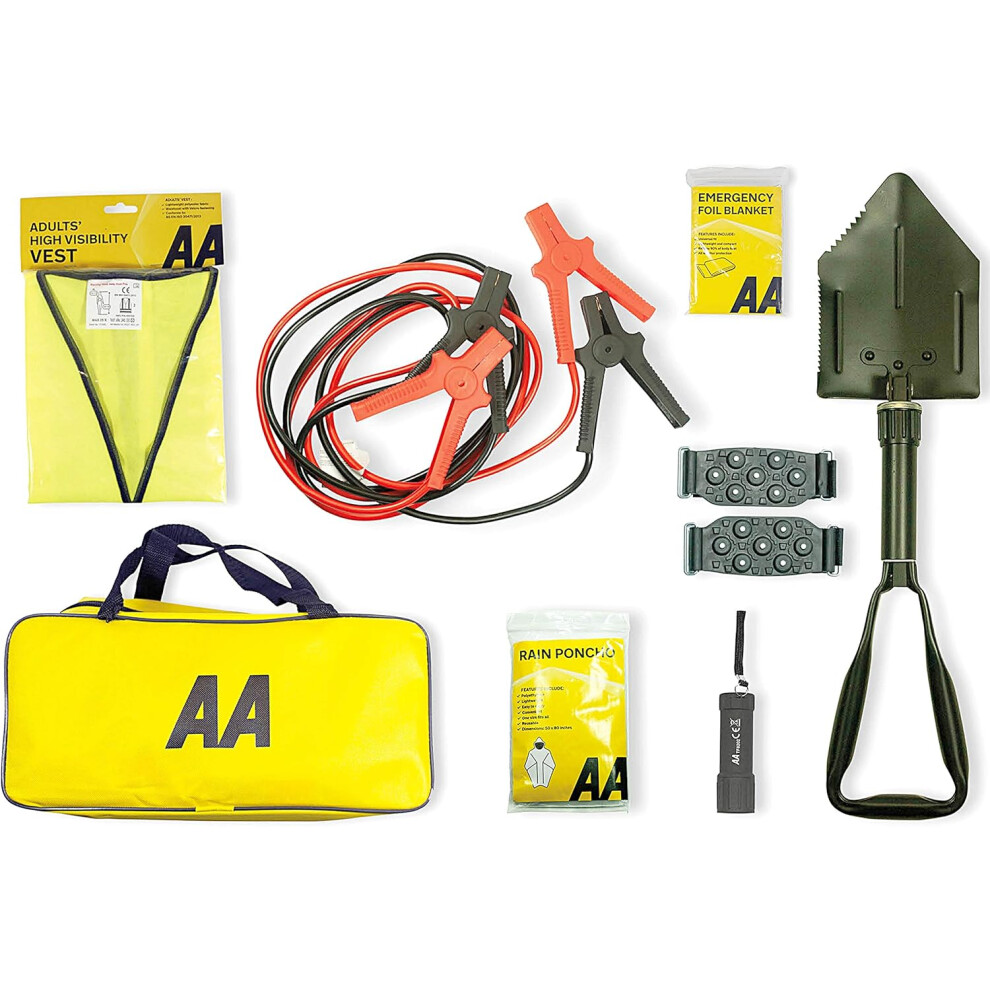 Aa Emergency Winter Car Kit Aa5281 - Folding Snow Shovel, 9-Led Torch, Foil Blanket, Hi-Vis Vest, Rain Poncho, Booster Cables 90448034