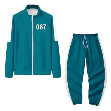 (XXL) Squid Gaming Jacket Pants Cosplay Sports Zip Cardigan Number 067 Print Pocket Sweatshirt Set Sports Jacket