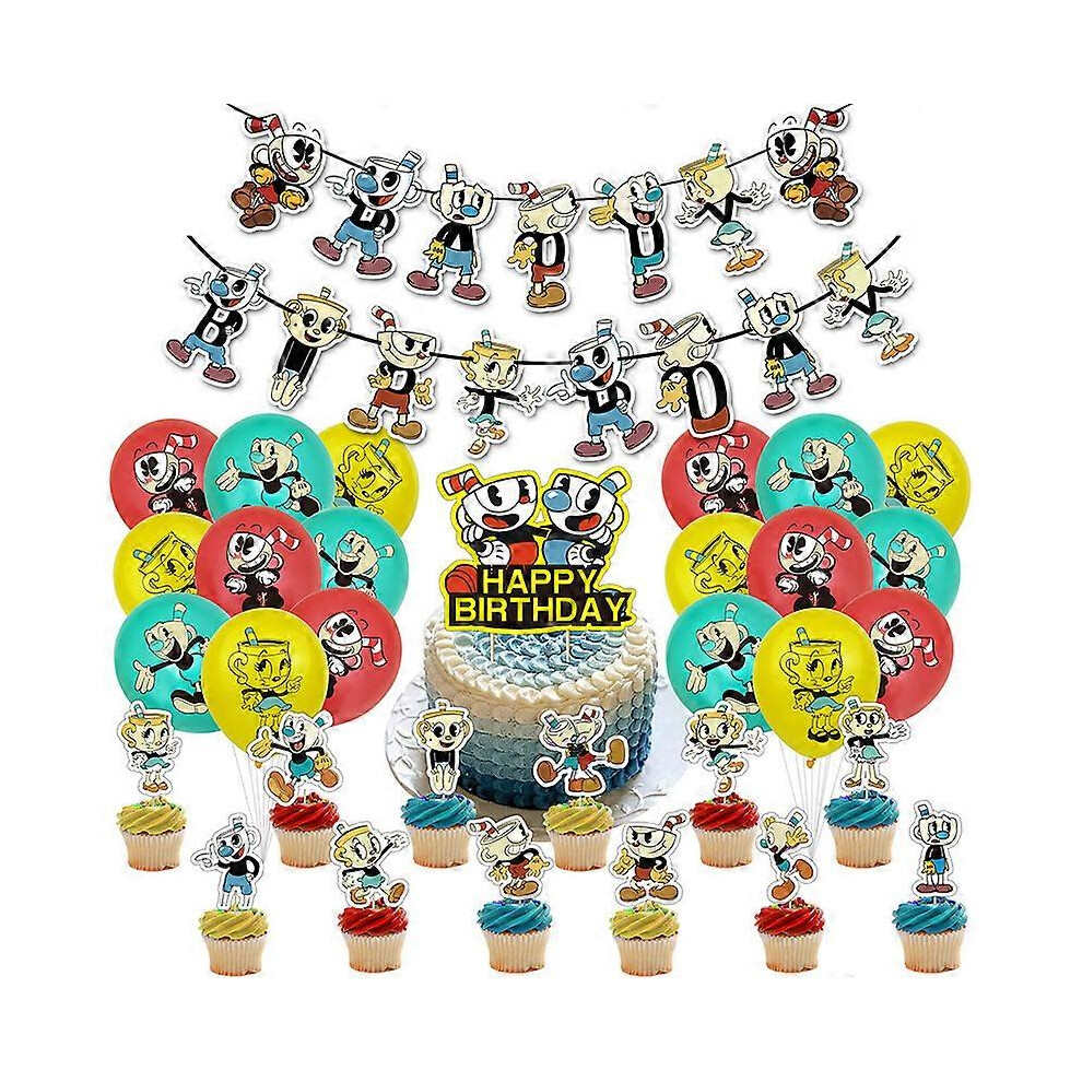 Torta A Forma Di Bandiera Decorata Per La Festa Di Compleanno Di Cuphead Anime, Set Di Bandiere E Palloni Gonfiabili-image