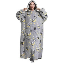 (1pc-Adult Free Size, FH129) Extra Long Flannel Blanket Sleeves Winter Hoodie Jacket Pullover Fleece Giant Wearable Blanket Hoodie Oversized
