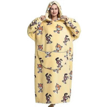 (1pc-Kid Free Size, FH123) Extra Long Flannel Blanket Sleeves Winter Hoodie Jacket Pullover Fleece Giant Wearable Blanket Hoodie Oversized