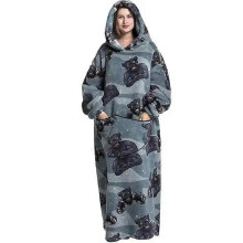 (1pc-Adult Long Size, FH119) Extra Long Flannel Blanket Sleeves Winter Hoodie Jacket Pullover Fleece Giant Wearable Blanket Hoodie Oversized