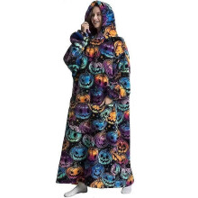 (1pc-Adult Long Size, FH118) Extra Long Flannel Blanket Sleeves Winter Hoodie Jacket Pullover Fleece Giant Wearable Blanket Hoodie Oversized