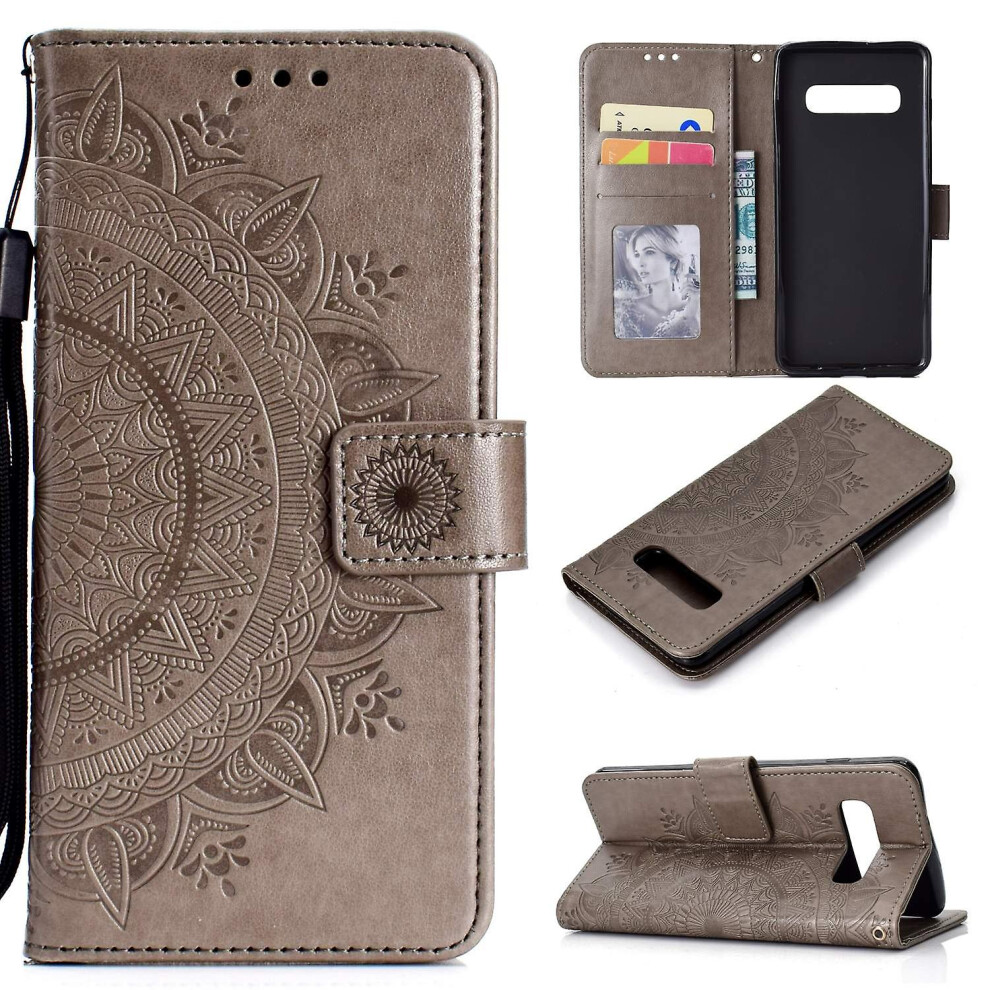 (Grey) Imprinted Mandala Pattern Wallet Stand Leather Cover For Samsung Galaxy S10 Plus-Purple Grey 8107441052208