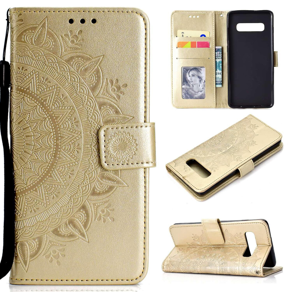 (Gold) Imprinted Mandala Pattern Wallet Stand Leather Cover For Samsung Galaxy S10 Plus-Purple Gold 8107441052246