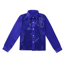 (Blue, 110) Children Kids Boys Glittery Sequined Dance Clothes Teens Fashion Dance Shirt Hip Hop Jazz Ballroom Shiny Jacket Coat for Prom