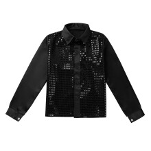 (Black, 150) Children Kids Boys Glittery Sequined Dance Clothes Teens Fashion Dance Shirt Hip Hop Jazz Ballroom Shiny Jacket Coat for Prom