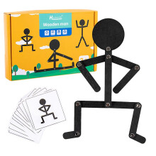 Wooden Stickman Toy, Black Wooden Stick Man Toy With 24 Cards Party Puzzle Toy Educational Game Kids Gift For 3 Years