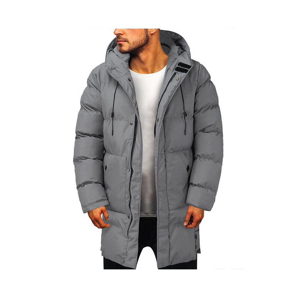 (Grey, UK L = Tag Size 4XL) Mens Winter Hooded Long Jacket Quilted Bubble Coat Padded Puffer Warm Outwear