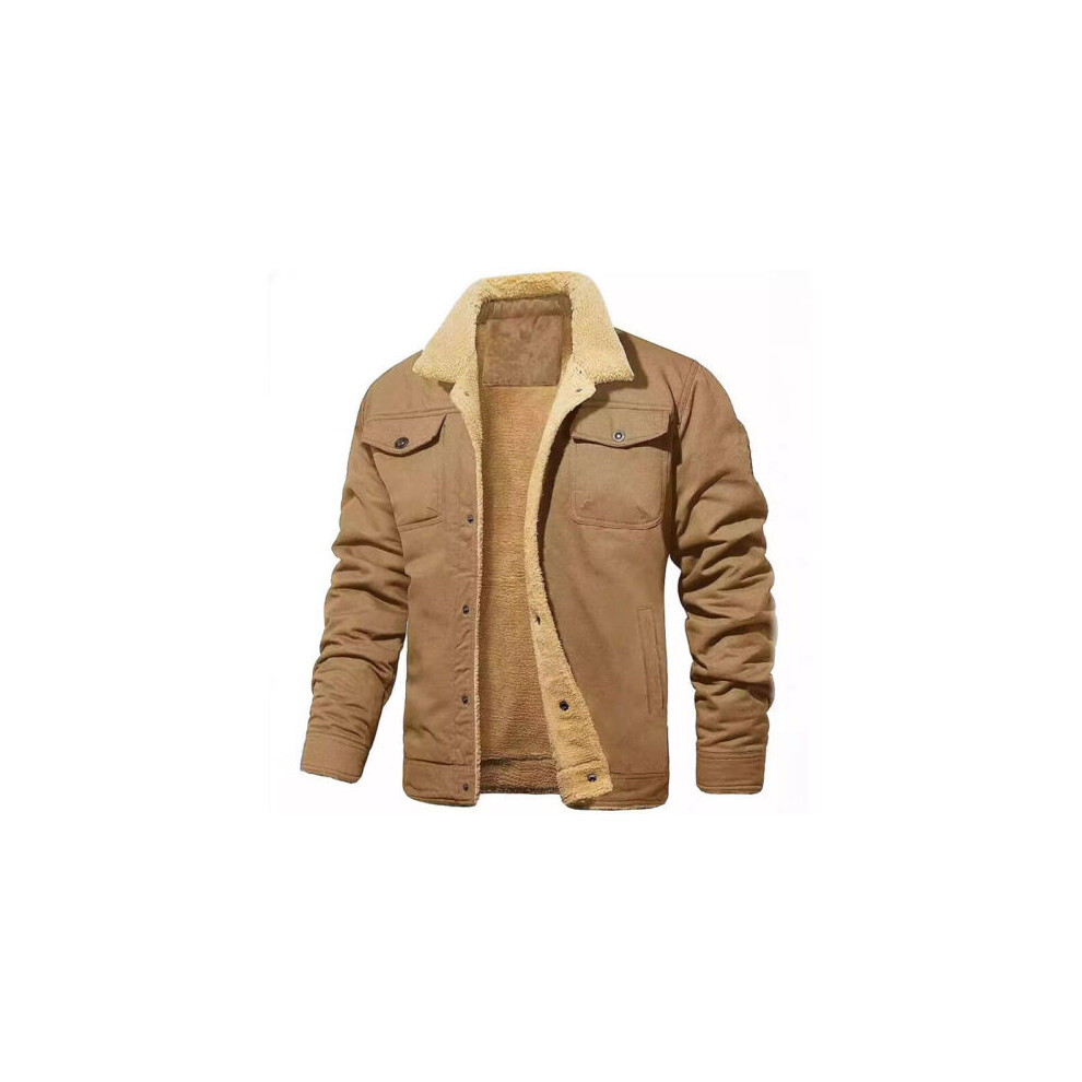 (Khaki, UK S = Tag Size XL) UK Mens Winter Coat Fleece Cargo Jacket 4 Pockets Lapel Collar Trucker Warm Work