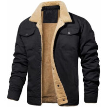 (Black, UK L = Tag Size 3XL) UK Mens Winter Coat Fleece Cargo Jacket 4 Pockets Lapel Collar Trucker Warm Work