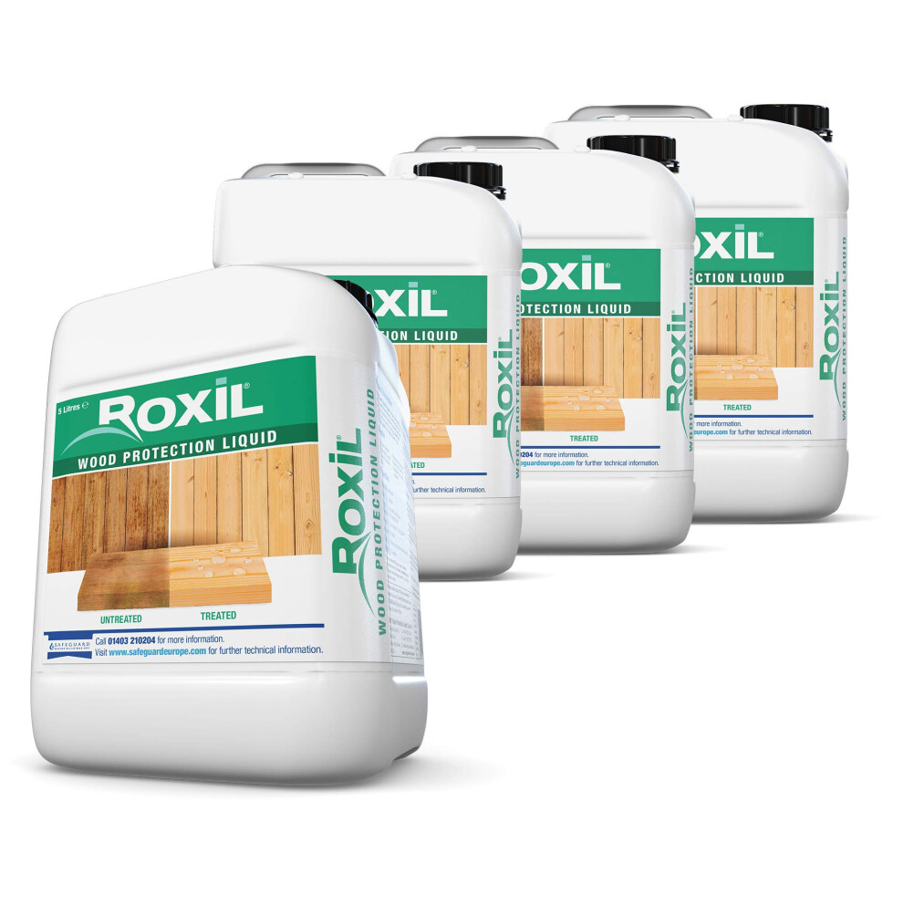 Roxil Wood Waterproofing Liquid 5L X 4 Pack 10 Year Wood Preserver Outdoor, Wood Sealer For Decking, Fence, Sheds And Furniture