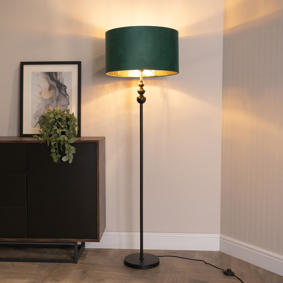 ValueLights Marissa Black Floor Lamp with Green Velvet & Gold Shade