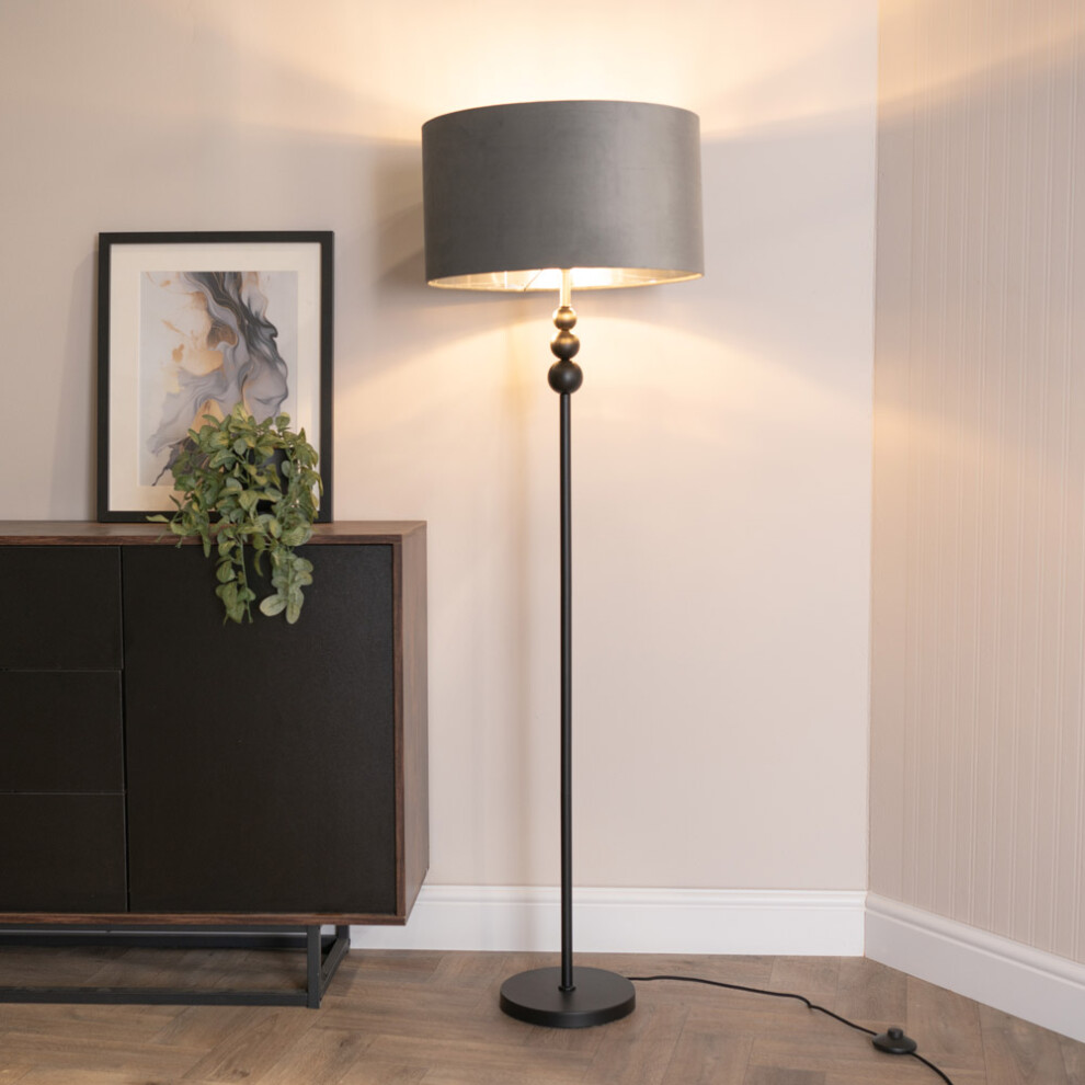 ValueLights Marissa Black Floor Lamp with Grey Velvet & Chrome Shade