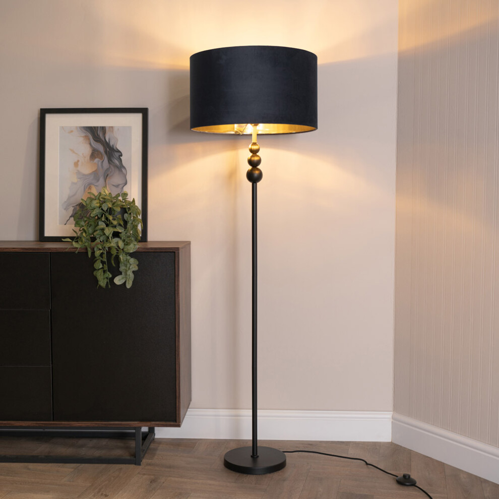 ValueLights Marissa Black Velvet & Gold Shade Black Floor Lamp & Bulb