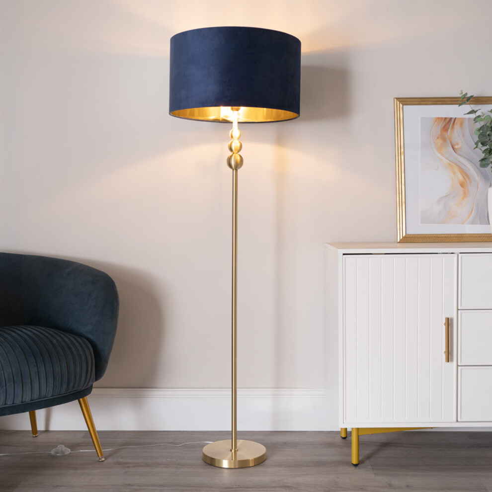 ValueLights Marissa Navy Velvet & Gold Shade Gold Floor Lamp & Bulb