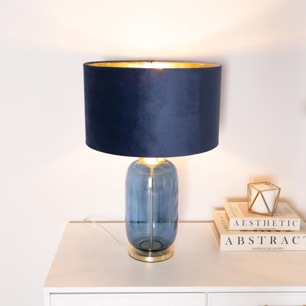 ValueLights Leigh Velvet & Gold Shade Navy & Gold Glass Table Lamp