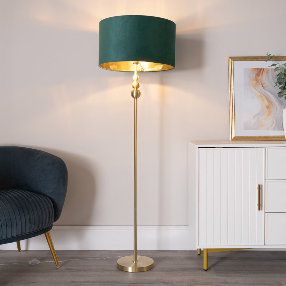 ValueLights Marissa Green Velvet & Gold Shade Gold Floor Lamp & Bulb