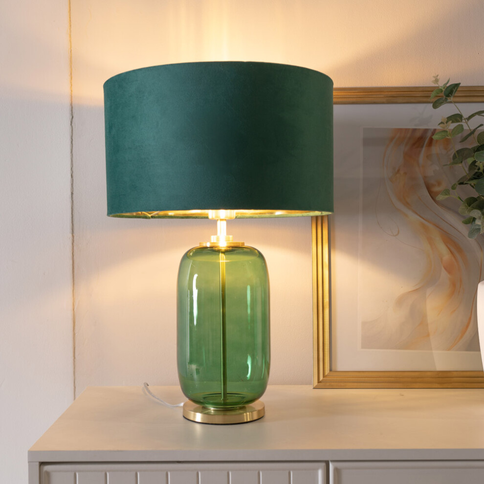 ValueLights Leigh Velvet & Gold Green Gold Glass Table Lamp & Bulb