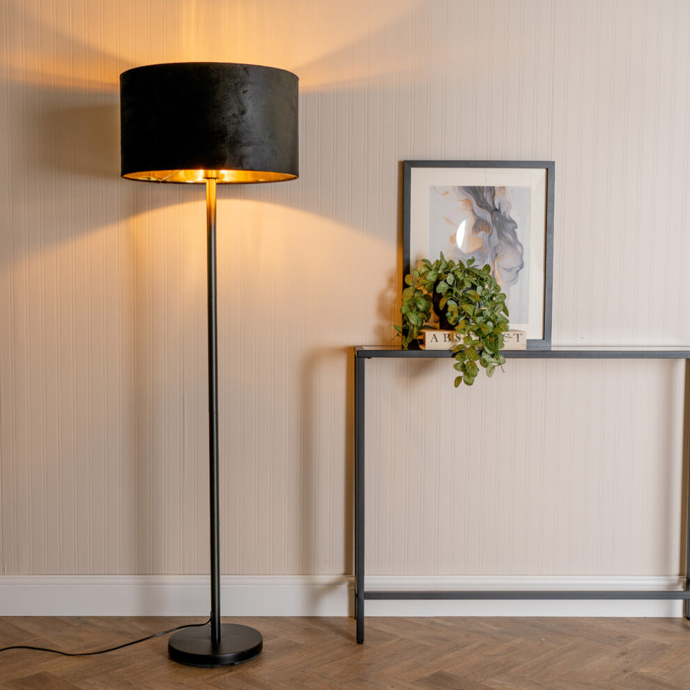 ValueLights Charlie Black Velvet & Gold Shade Black Stem Floor Lamp