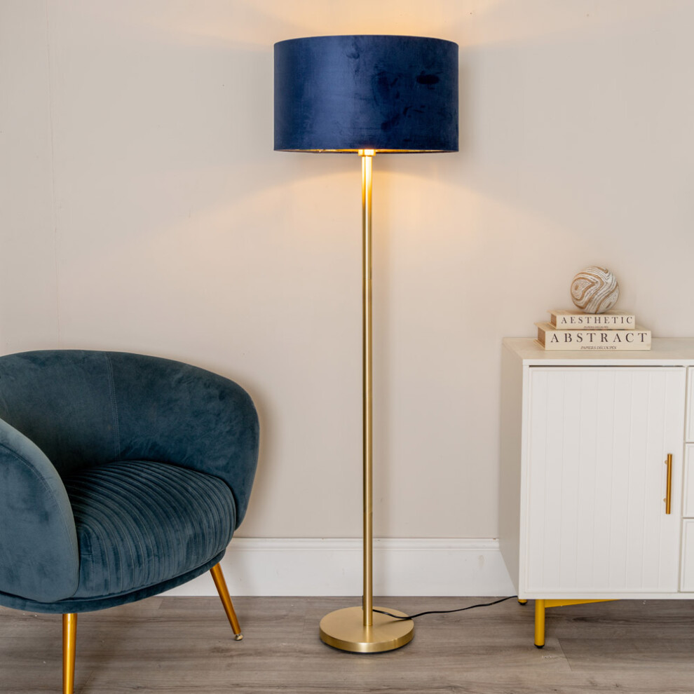 ValueLights Charlie Navy Blue Velvet & Gold Shade Gold Stem Floor Lamp