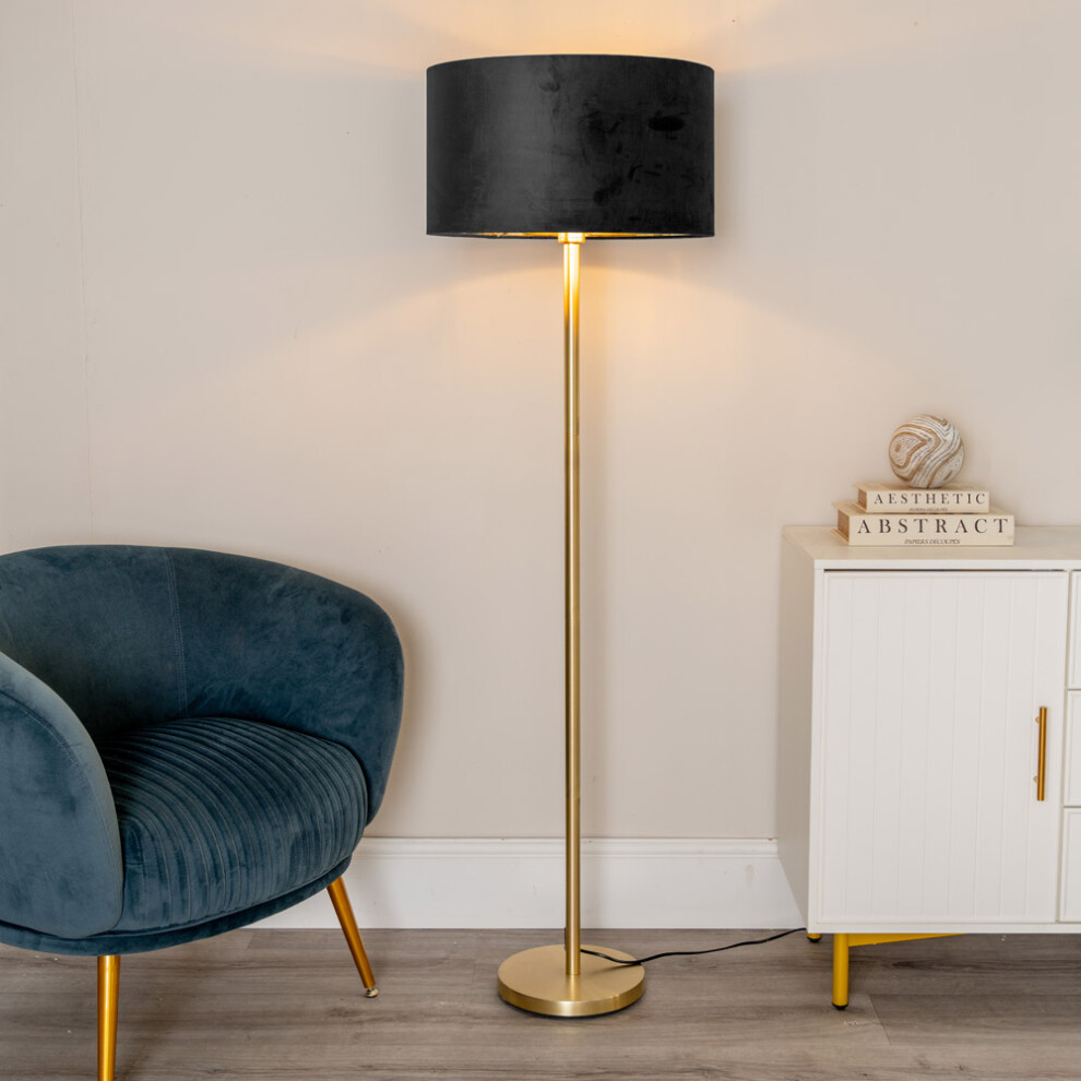 ValueLights Charlie Black Velvet & Gold Shade Gold Stem Floor Lamp