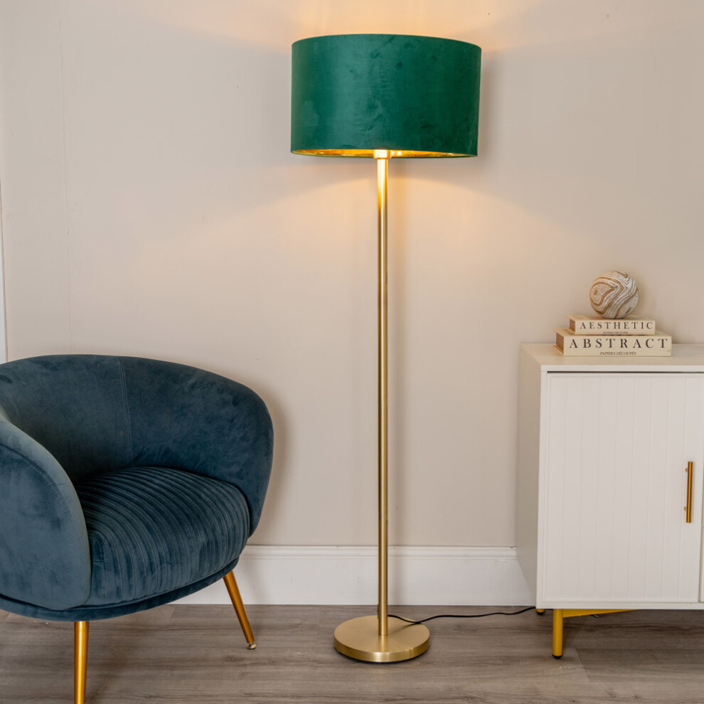 ValueLights Charlie Green Velvet & Gold Shade Gold Stem Floor Lamp