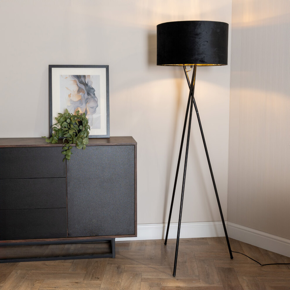 ValueLights Camden Black Velvet & Gold Shade Black Tripod Floor Lamp