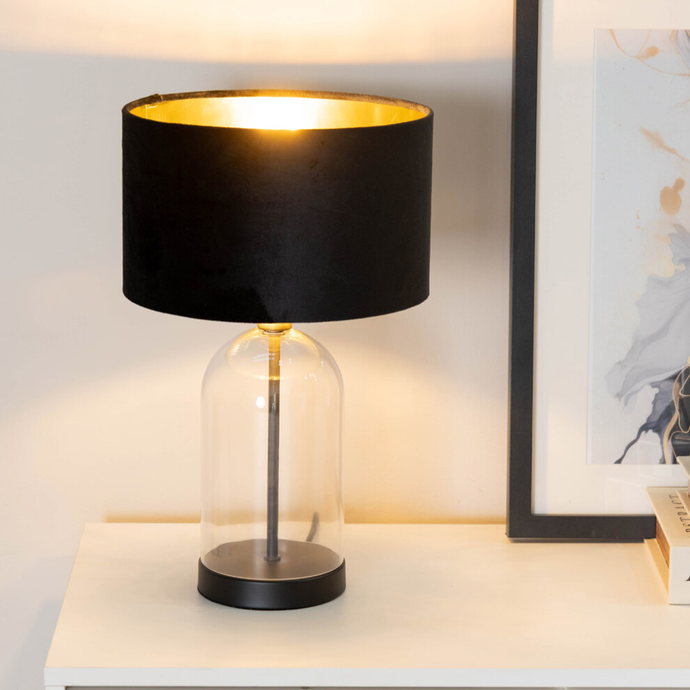 ValueLights Jessy Black Velvet & Gold Shade Glass & Black Table Lamp