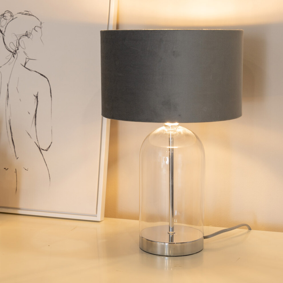 ValueLights Jessy Grey Velvet & Chrome Shade Glass & Silver Table Lamp