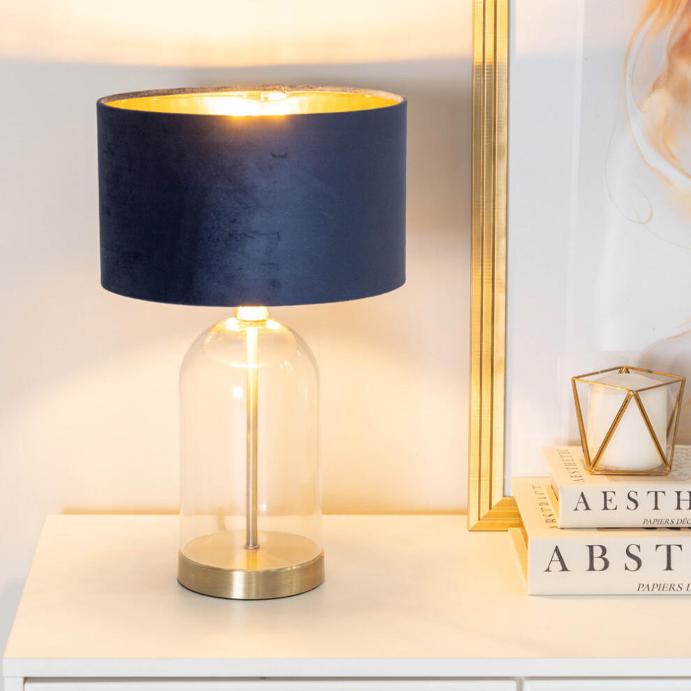 ValueLights Jessy Navy Velvet & Gold Shade Glass & Gold Table Lamp & Bulb